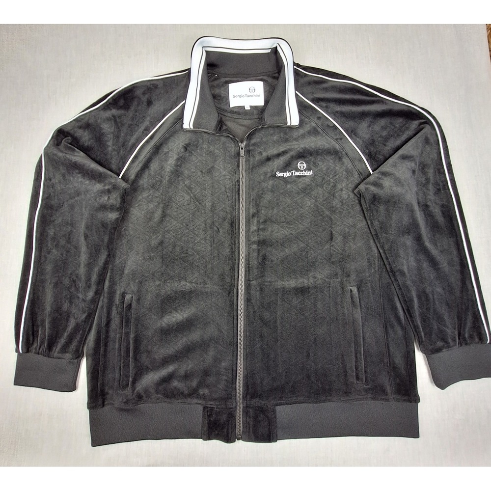 Sergio Tacchini Mens Black Velour Monogram Track Jacket Full Zip 2XL